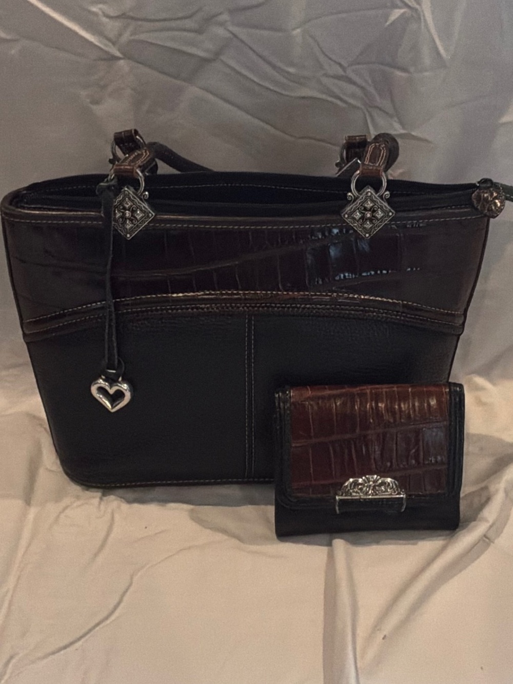Brighton Black Brown Croc Leather Tote Bag & Matching Wallet Set